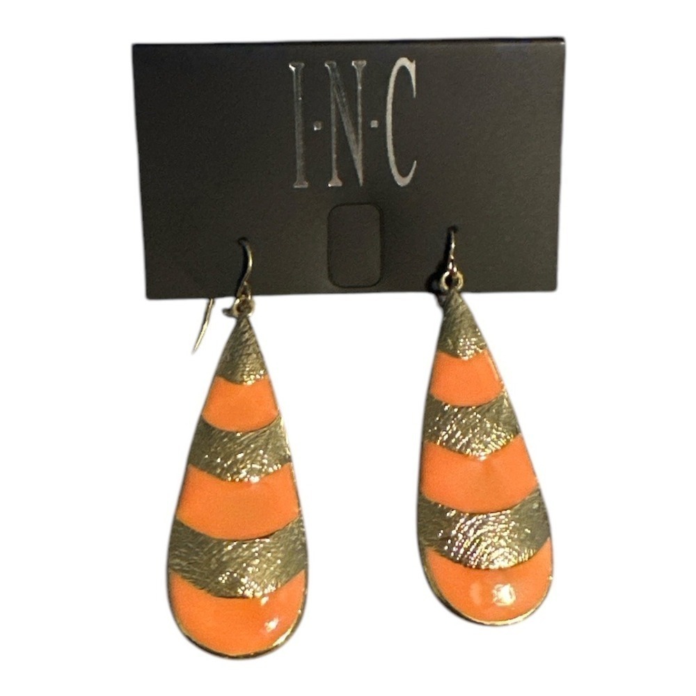 INC International Concepts Orange Gold Tone Striped‎ Teardrop Earrings